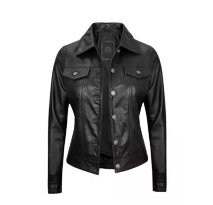 Women Black Leather Trucker Jacket – Premium Casual Biker Design