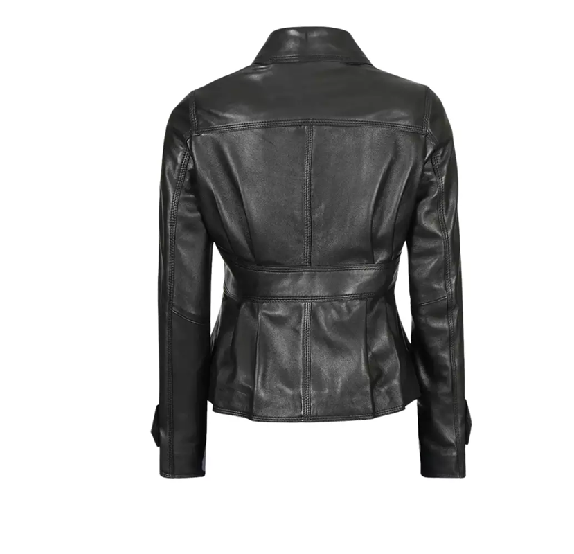 Women’s Black Peplum Leather Jacket – Elegant Moto Style - Image 2