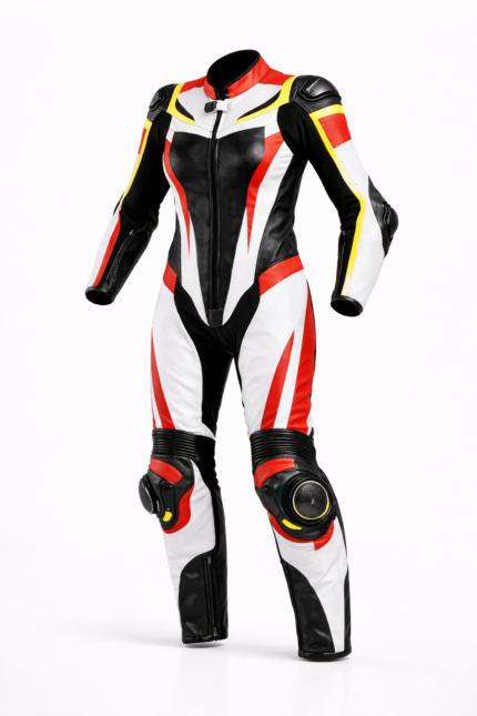Women’s Red White Black and Neno Yellow MotoGP Style Motorcycle Riding Suit
