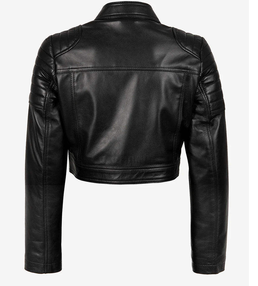 ayzalent black cropped biker-style leather jacket for women in genuine lambskin, slim-fit motorcycle jacket with quilted shoulder detailing and smooth finish
