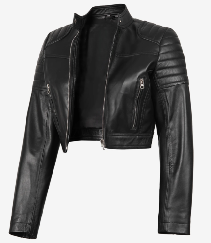 Black cropped biker-style lambskin leather jacket for women with quilted shoulder panels, front zip closure, premium soft leather, and a sleek slim-fit silhouette.