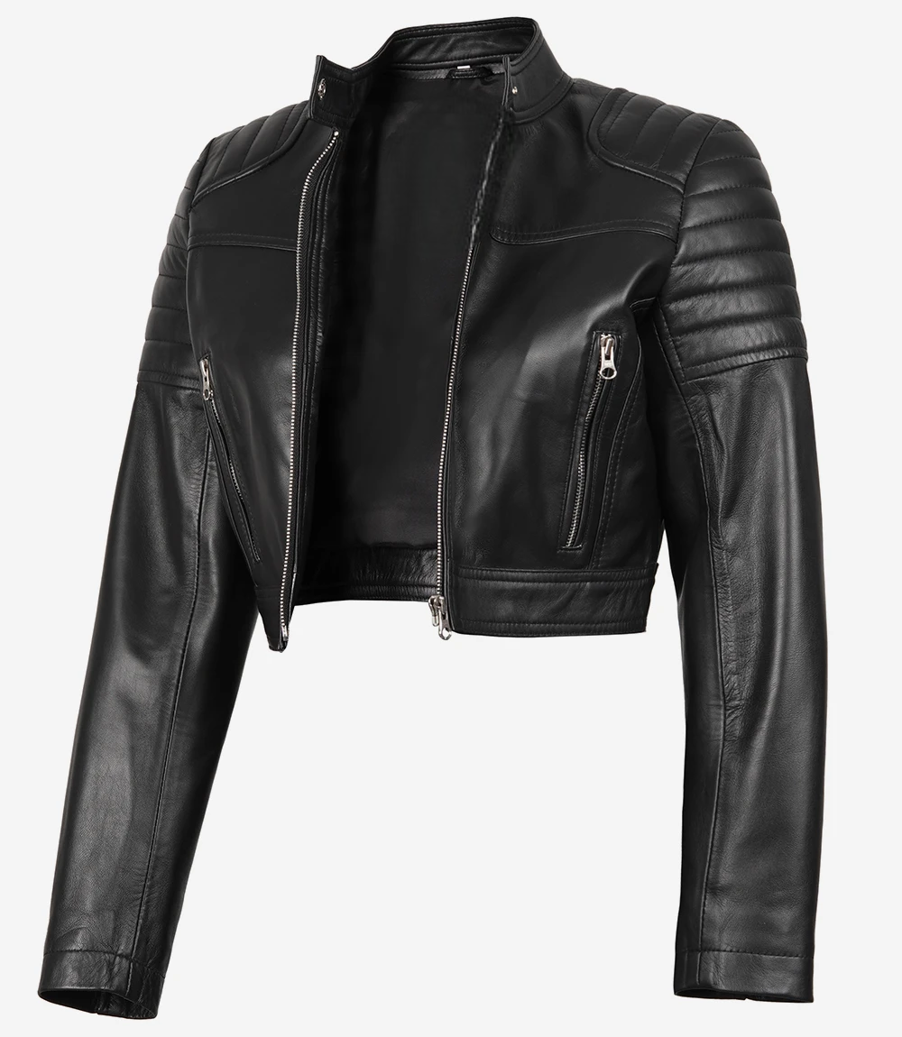 Black cropped biker-style lambskin leather jacket for women with quilted shoulder panels, front zip closure, premium soft leather, and a sleek slim-fit silhouette.