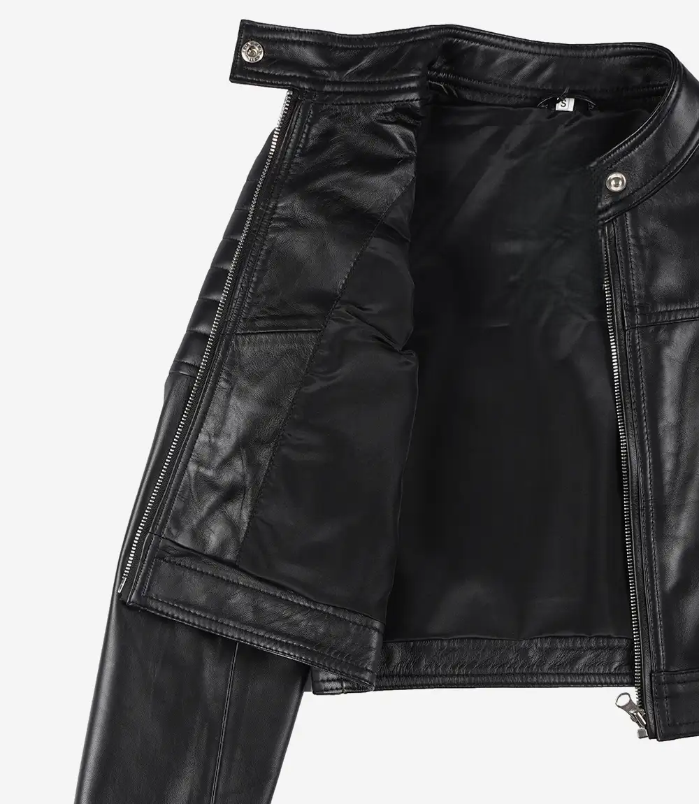 Women’s black lambskin leather biker jacket with cropped silhouette, slim-fit design, front zipper, and silver hardware for a premium, stylish look