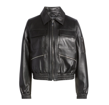 Janveny black sheepskin aviator jacket with shearling lining, classic aviator collar, front zipper closure, and multiple zip pockets