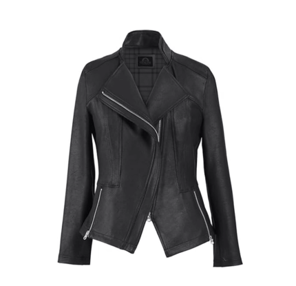 Jennifer Ladies Black Cropped Jacket by Ayzalent featuring a sleek black leather-look finish, asymmetric zipper, and a flattering slim-fit silhouette for modern women.