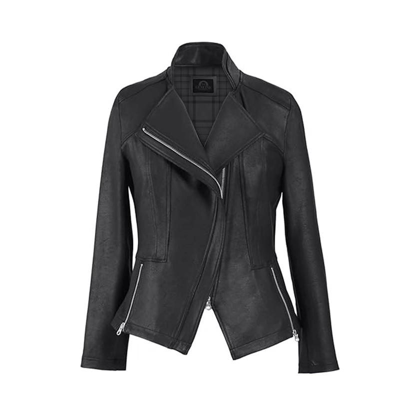 Jennifer Ladies Black Cropped Jacket by Ayzalent featuring a sleek black leather-look finish, asymmetric zipper, and a flattering slim-fit silhouette for modern women.