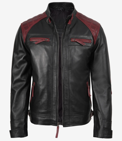 Men's black and maroon biker-style leather jacket with zip pockets and shoulder panels, designed for motorcycle riders; leather outer with red zipper accents for a bold, durable look.