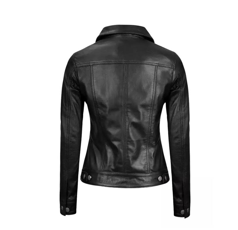 Women’s Black Leather Trucker Jacket Genuine Leather Classic Slim Fit Fashion Jacket - Image 2
