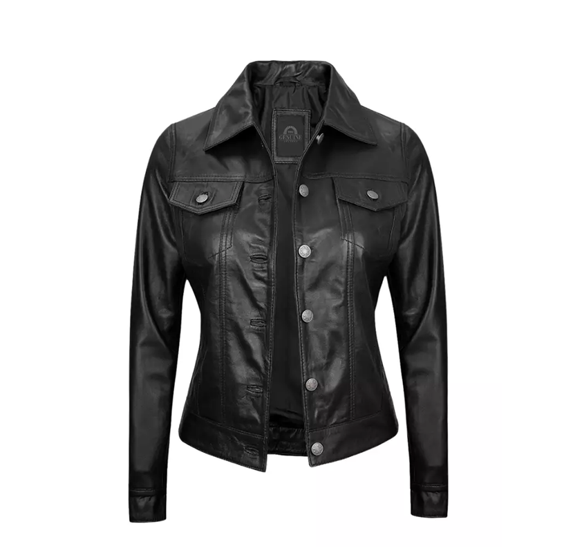 Women’s Black Leather Trucker Jacket Genuine Leather Classic Slim Fit Fashion Jacket