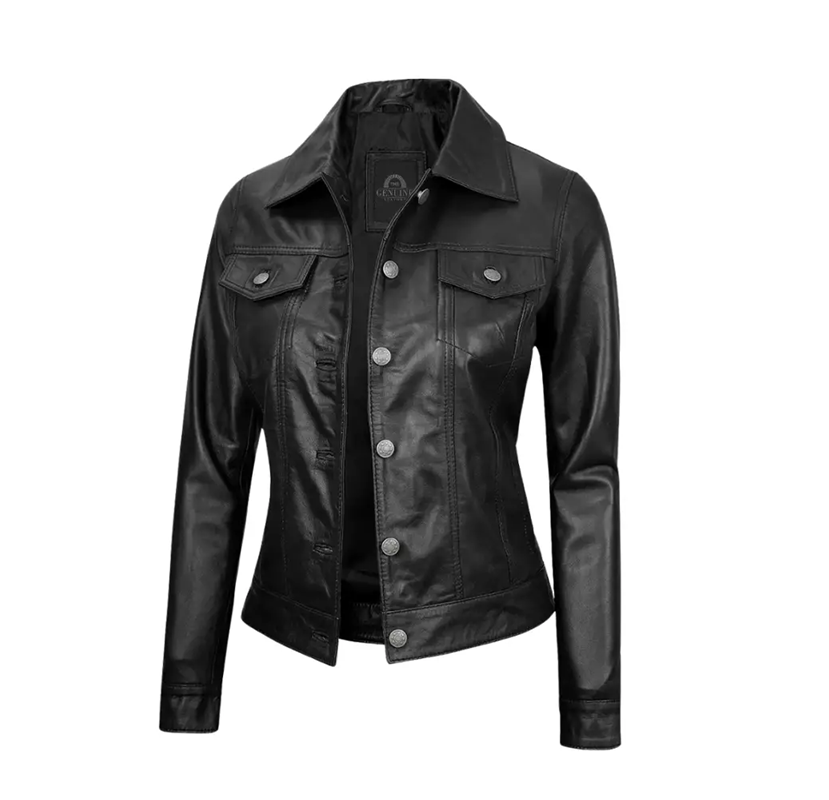 Women’s Black Leather Trucker Jacket Genuine Leather Classic Slim Fit Fashion Jacket - Image 3