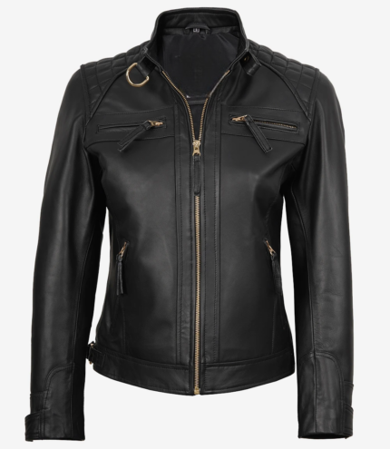 ayzalent Women’s Black Real Leather Biker Style Jacket – Genuine Leather Motorcycle Fashion Jacket with gold-tone zippers and quilted shoulders, sleek black finish.