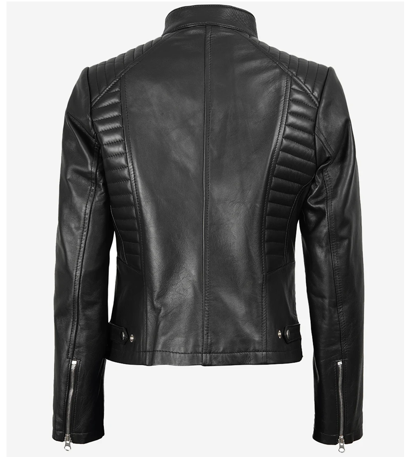 Women’s Cafe Racer Black Leather Jacket in black genuine leather with a slim-fit silhouette, stand-up collar, and quilted shoulder panels for a bold biker look.