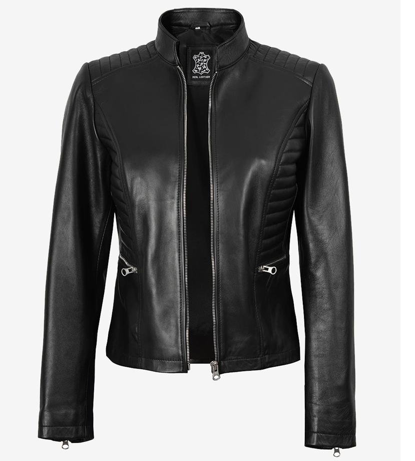 Cafe Racer women’s black leather jacket in genuine leather with a slim-fit cut, stand-up collar, and front zipper by ayzalent, a bold biker style piece.