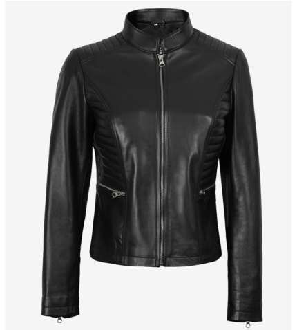 Women’s Cafe Racer Black Leather Jacket in black genuine leather with a slim fit and stand-up collar, featuring quilted shoulder panels and a front zipper closure.