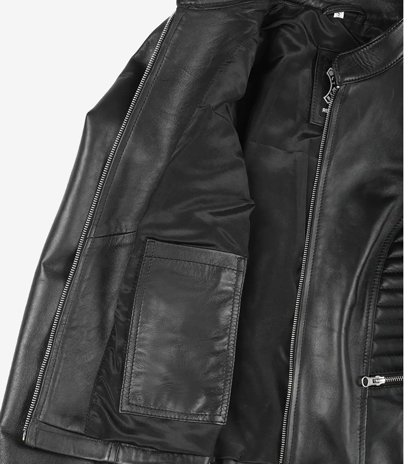 Cafe Racer inspired women's black leather jacket with stand-up collar, genuine leather, slim-fit silhouette, front zipper, and subtle quilted sleeve detail