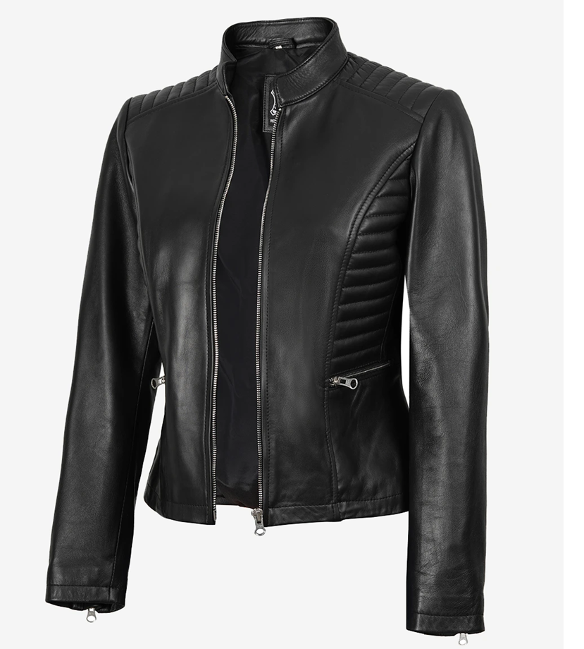 Jennifer Women’s Cafe Racer Black Leather Jacket with quilted shoulders, genuine leather, slim fit and stylish stand-up collar in black