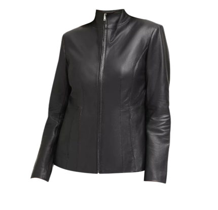 Women’s Classic Black Jacket – elegant slim fit fashion jacket in genuine leather, sleek black biker style with front zip and stand collar.