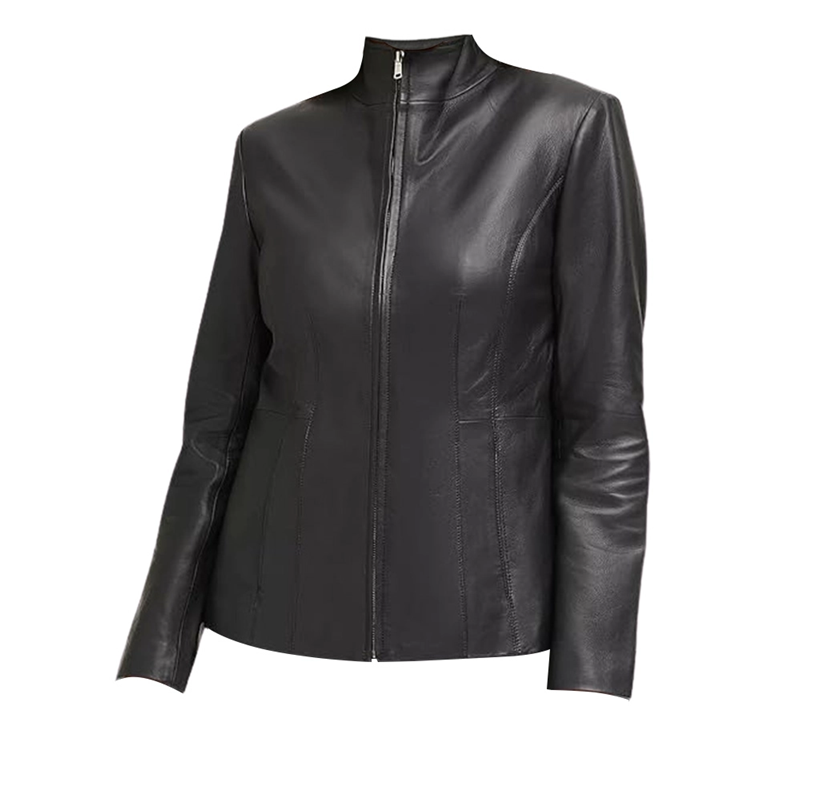 Women’s Classic Black Jacket – elegant slim fit fashion jacket in genuine leather, sleek black biker style with front zip and stand collar.