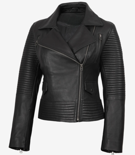 Ayzalent Women’s Real Lambskin Leather Black Biker Style Jacket in premium slim-fit design with quilted shoulders and diagonal front zipper, a sleek black biker jacket.