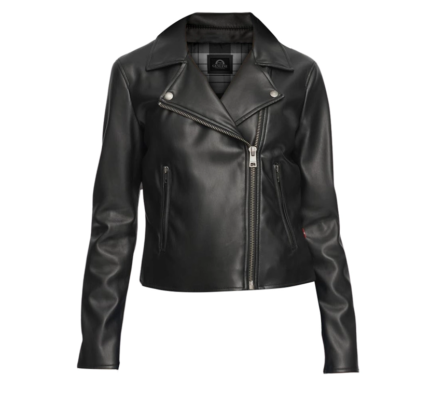Women’s Real Leather Biker Jacket Premium Genuine Leather motorcycle jacket in black leather with zip front, snap collar, and zip pockets