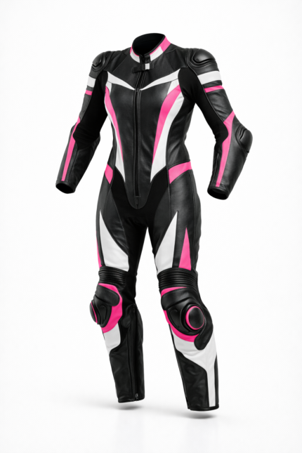 Women’s Black White and Pink MotoGP Style Motorcycle Riding Suit