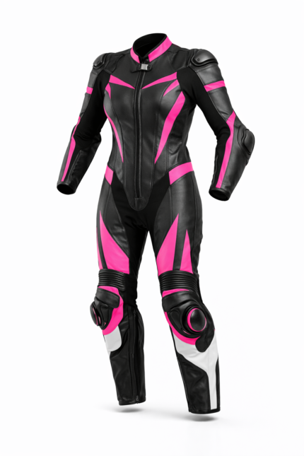 Women’s Black & Pink MotoGP Style Motorcycle Track Suit with Armor Protection