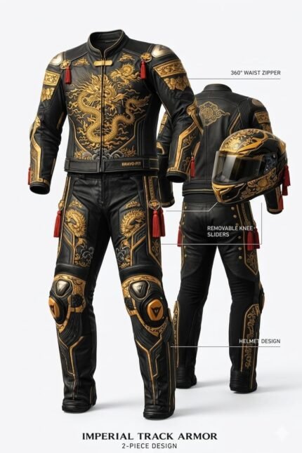 Imperial Dragon leather motorcycle suit in black with gold dragon embroidery, 2-piece design featuring a 360° waist zipper and removable knee sliders for track use