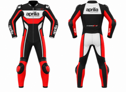 Aprilia Racing one-piece leather motorcycle suit in black, red and white with Tuono V4 branding, shown front and back.