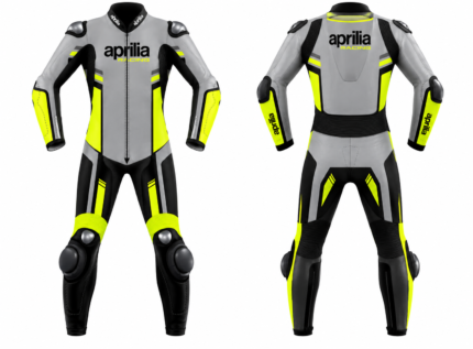 Aprilia Racing one-piece motorcycle suit in grey, black and neon yellow, shown from the front and back.