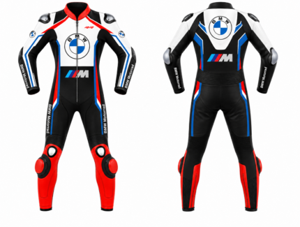 BMW Motorrad racing suit in white, black, and red is shown from front and back with BMW M logos and protective armor panels.