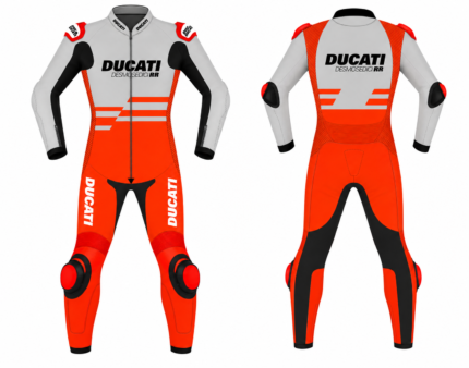Ducati Corse one-piece motorcycle racing suit in grey, red, black, and white, shown front and back.