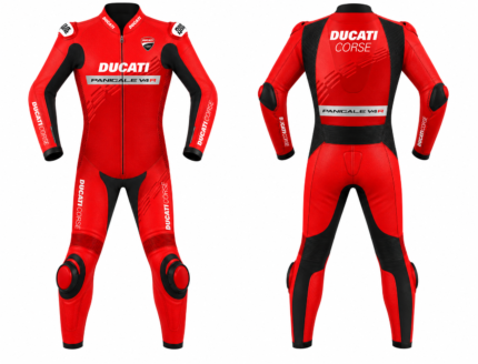 Red Ducati Corse one-piece leather racing suit with Panigale V4R branding, black panels, and knee sliders.