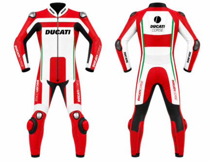 Ducati Corse one-piece motorcycle racing suit in red, white, black, and Italian green with CE armor and racing panels.