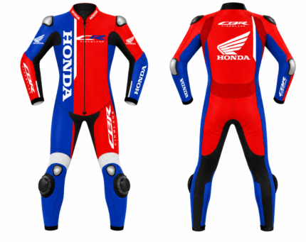 Red and blue Honda CBR Fireblade leather racing suit shown front and back with race armor, logos, and knee sliders.
