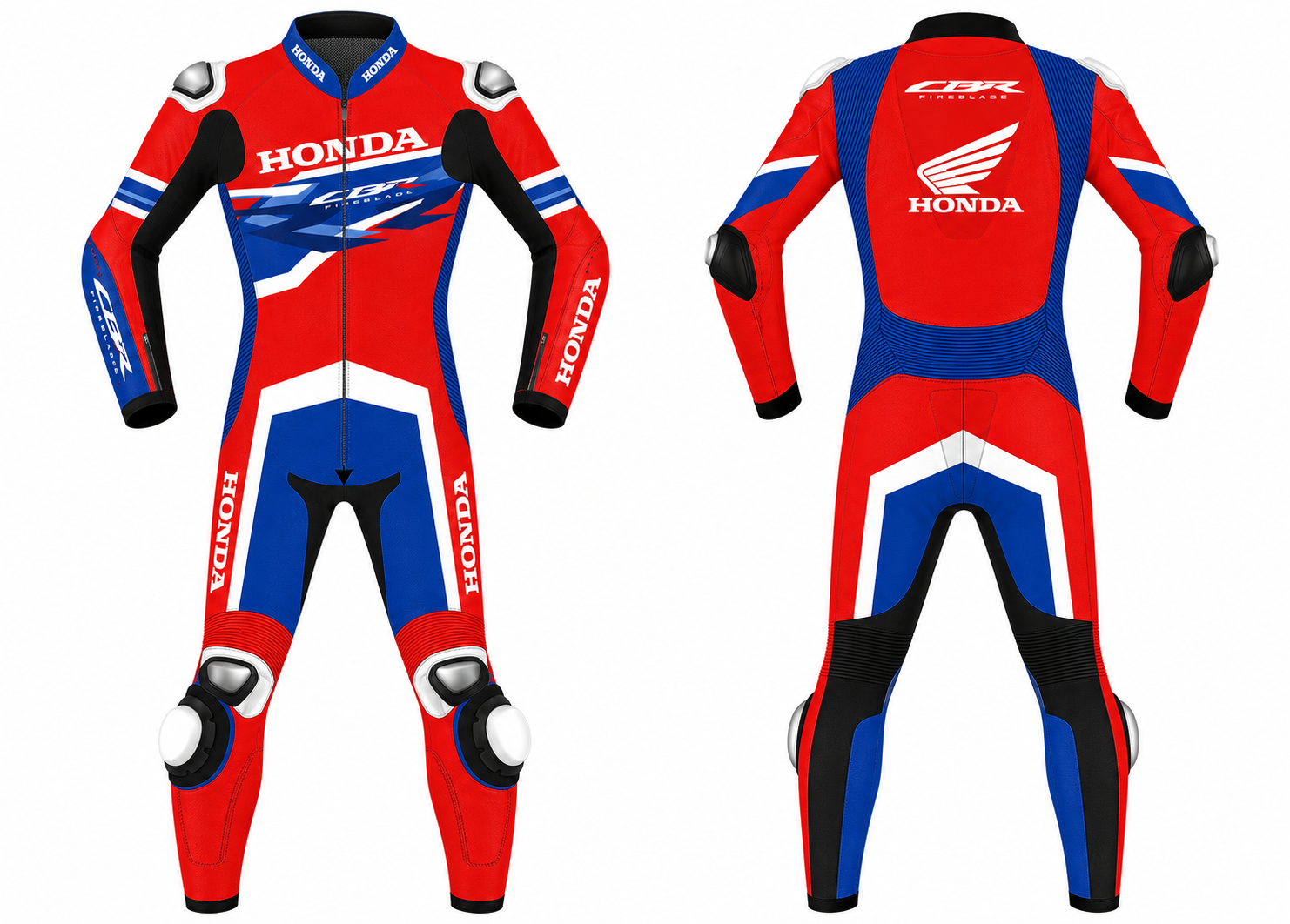 Honda CBR Fireblade leather racing suit shown in red and blue with protective armor and race styling, front and back views.