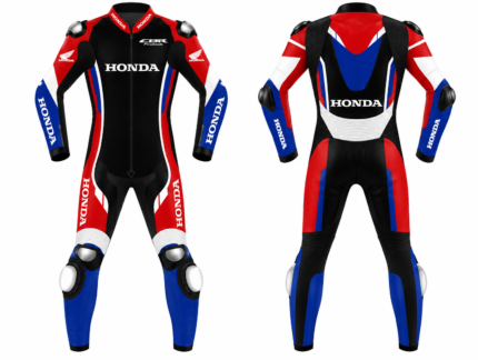 Honda CBR Fireblade leather racing suit in red, blue, black and white with sponsor-style logos and protective armor details.