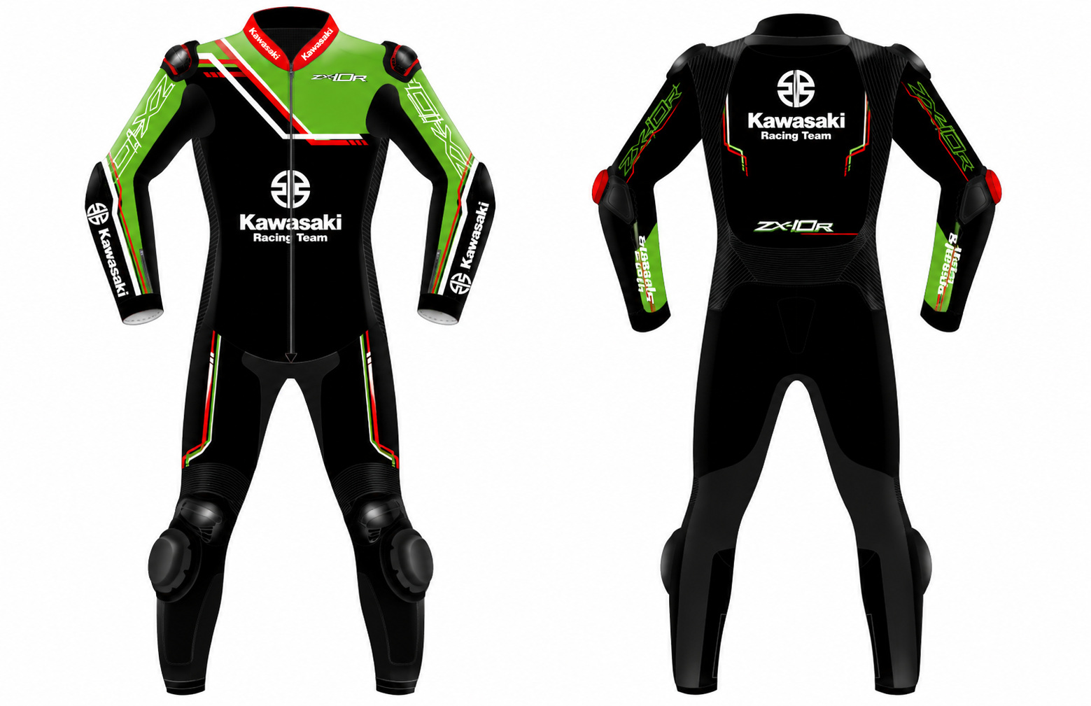 Kawasaki Ninja ZX-10R one-piece leather racing suit in green and black, shown front and back with Racing Team logos.