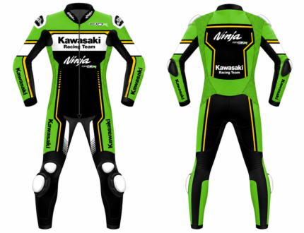 A green and black Kawasaki Ninja leather racing suit is shown front and back with ZX-10R branding and racing team logos.