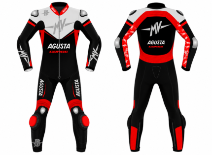 MV Agusta Motorcycle Leather Racing Suit in black and red, with AGUSTA CORSE branding and racing-style armor details.