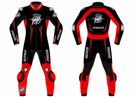 MV Agusta black and red one-piece leather racing suit shown in front and back views with racing logos and protective panels.