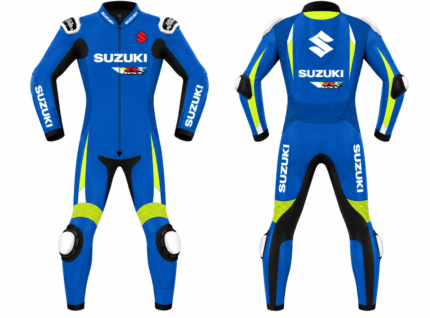 Front and back views of a blue Suzuki GSX-R leather motorcycle suit with yellow accents and white branding.