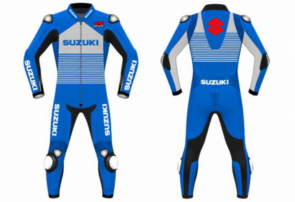 Suzuki GSX-R one-piece leather racing suit shown in front and back views with blue, grey, black, and white panels.