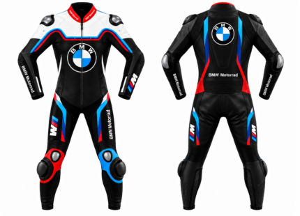 BMW Motorrad leather racing suit in black, white, blue and red, shown from front and back with bold race graphics.