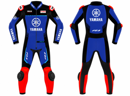 Front and back views of a Yamaha R1 leather racing suit in blue, black, and red with bold Yamaha branding.