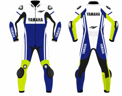 Yamaha R1 one-piece leather racing suit with white, blue, black, and neon yellow panels shown front and back.