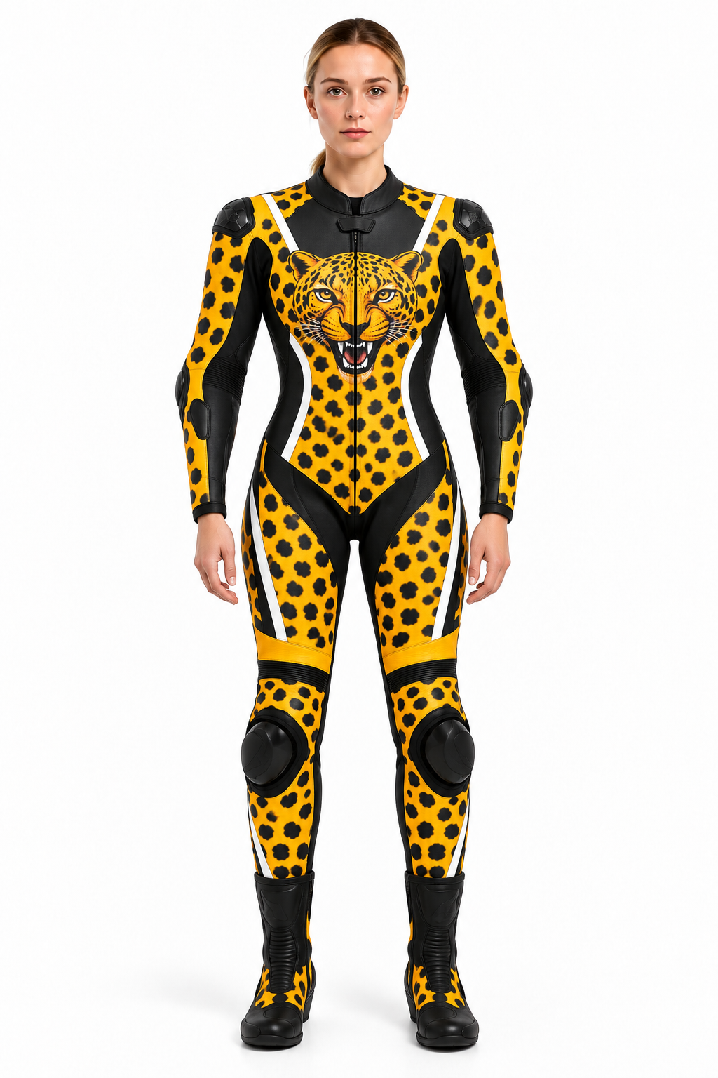 Women’s Leopard Print Leather Motorcycle Racing Suit Custom One Piece Biker Suit - Image 3