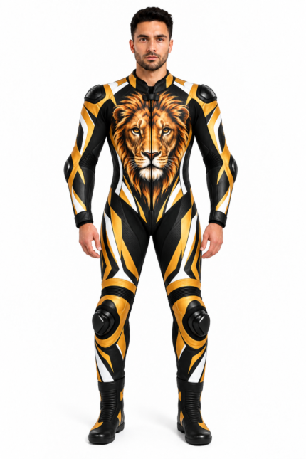 Menโs Lion Leather Motorcycle Racing Suit Custom One Piece Biker Suit