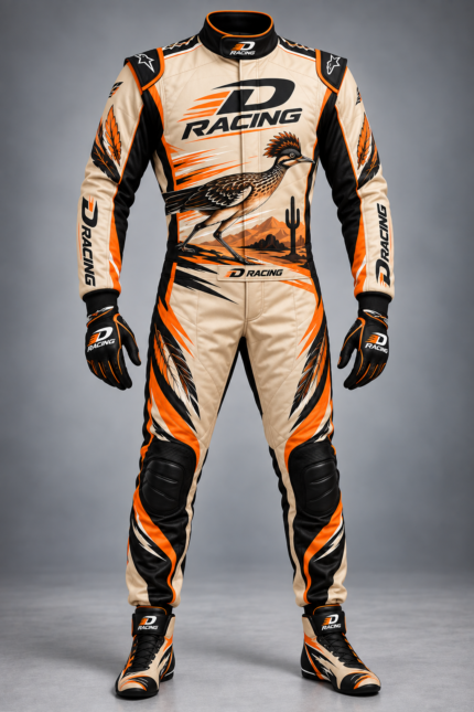 Roadrunner Racing One-Piece Racing Suit Beige, Orange & Half White Motorsport Design