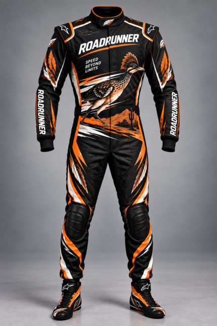 D Racing Roadrunner One-Piece Racing Suit Beige, Orange & Black Motorsport Design