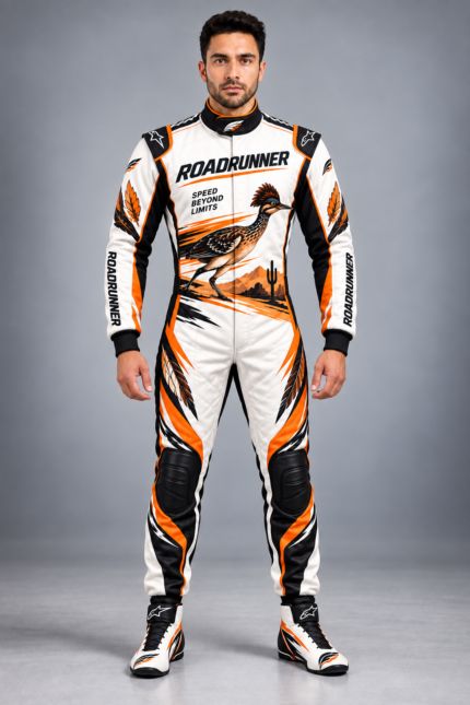 Roadrunner Racing One-Piece Racing Suit Beige, Orange & White Motorsport Design